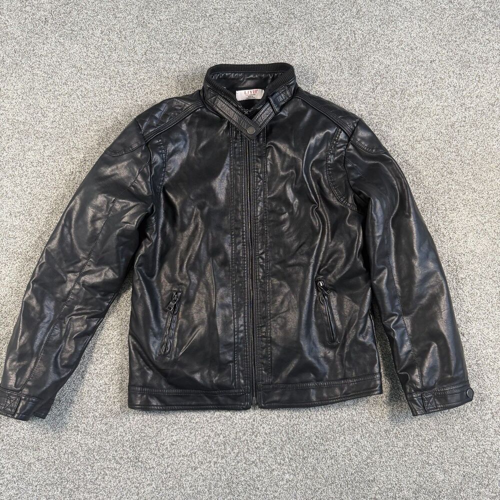 LJYH Youth Boys Jacket Black Motorcycle Faux Leather Full Zip Moto T13-14 Years